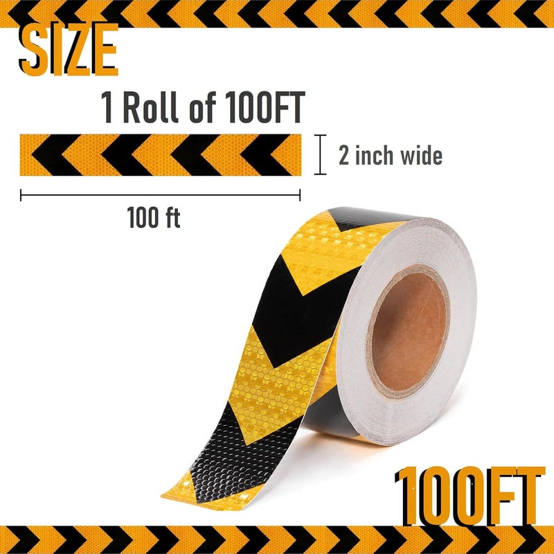 THKULKME 2 Inch X 100 Feet Black Yellow Arrow Reflective Hazard Safety Warning Caution Tape, Reflector Industrial Marking Tape for Trailers Vehicles Stairs Steps Floor Boats Outdoor Waterproof - Image 2